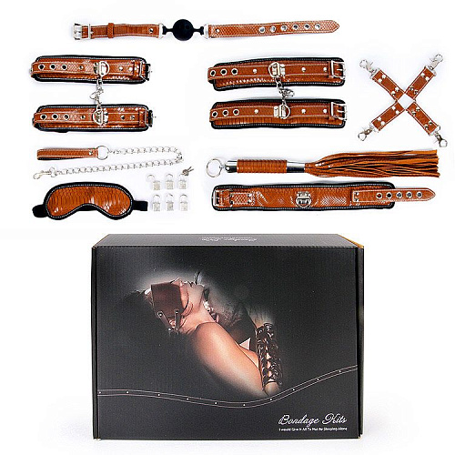 Стильный большой набор БДСМ в коричневом цвете (маска, ошейник, кляп, фиксатор, наручники, оковы, плеть) Bior toys NTU-80498