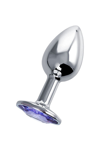 Серебристая гладкая коническая анальная пробка с фиолетовым кристаллом Штучки-дрючки 690120 (7 см)