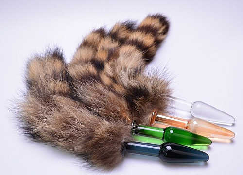 Зелёная стеклянная анальная пробка с рыжим хвостом Vandersex 129-1G (10 см)