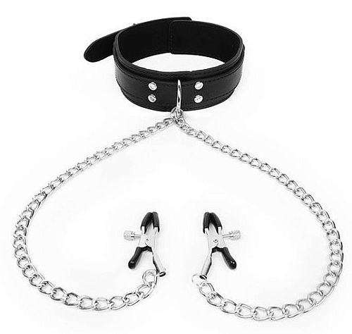 Чёрный ошейник с зажимами на соски на цепочке Bior toys NTB-80548