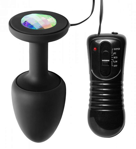 Анальная чёрная пробка со стразом в основании и вибрацией XR Brands Gem Accented AD436 (11,4 см)