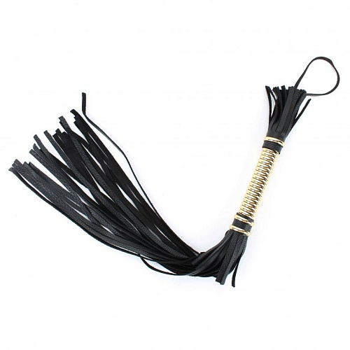 Чёрная плётка из натуральной кожи с золотистой отделкой рукояти БДСМ арсенал 54011