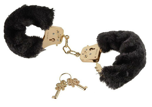 Наручники с чёрной меховой опушкой Pipedream GOLD DELUXE FURRY CUFFS PD3996-27