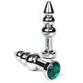 Серебристая коническая анальная пробка-ёлочка с зелёным кристаллом Vandersex 159-G (11 см)