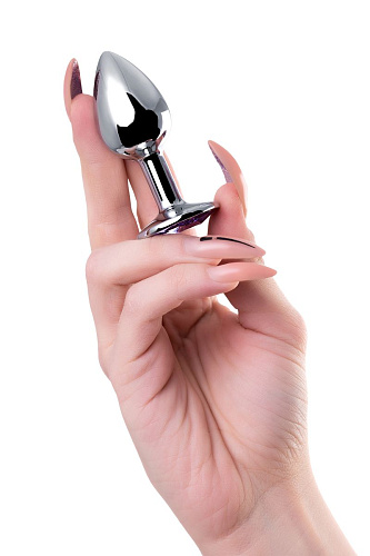 Серебристая гладкая коническая анальная пробка с фиолетовым кристаллом Штучки-дрючки 690120 (7 см)