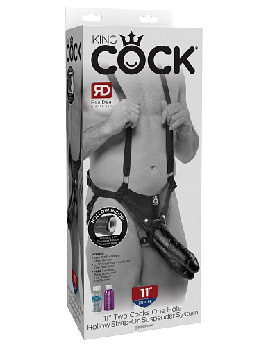 Страпон-система с чёрной насадкой Pipedream 11 Two Cocks One Hole Hollow Strap-On Suspender System PD5645-23 (30,5 см)