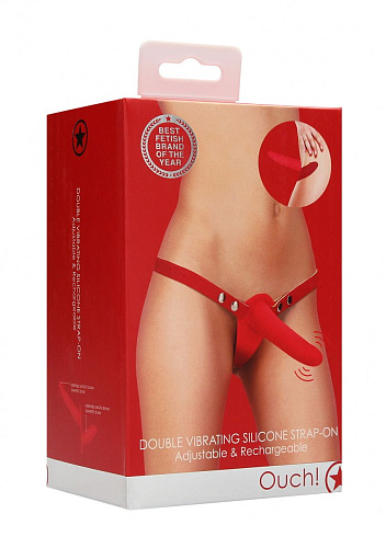 Красный двойной вибрострапон Shots Media BV Double Vibrating Silicone Strap-On Adjustable OU467RED (15,5 см)