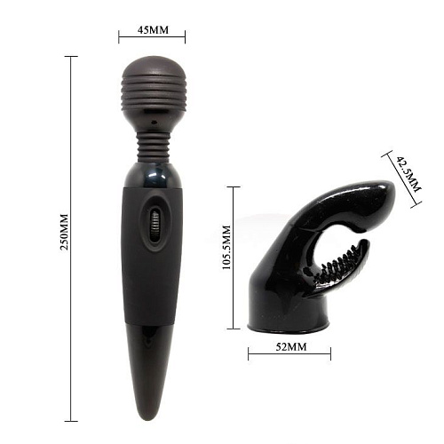 Вибромассажёр чёрного цвета для тела со сменной насадкой на головку Baile BW-055011 (25 см)