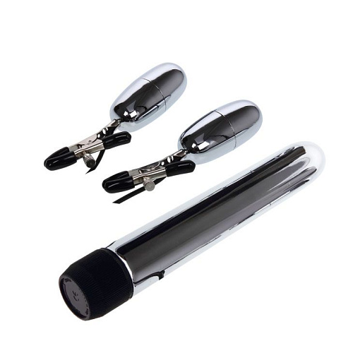 Серебристый набор из вибратора и вибростимуляторов для груди Baile BI-010046