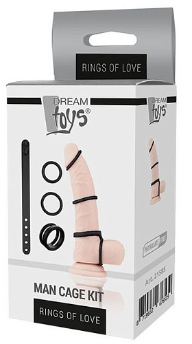 Набор из 3 чёрных эрекционных колец и ремня Dream Toys MAN CAGE KIT 21585
