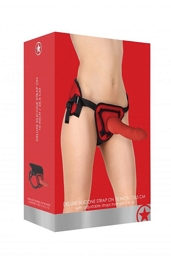 Красный страпон Shots Media BV Deluxe Silicone Strap On 10 Inch OU207RED (25,5 см)