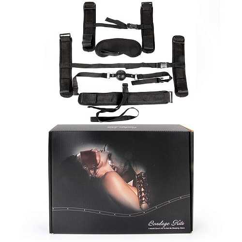 Пикантный черный текстильный набор БДСМ: наручники, оковы, ошейник с поводком, кляп, маска Bior toys NTB-80471