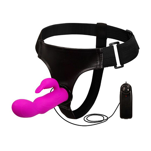 Страпон розового цвета с вибрацией и клиторальным стимулятором Baile BW-022042 (15 см)