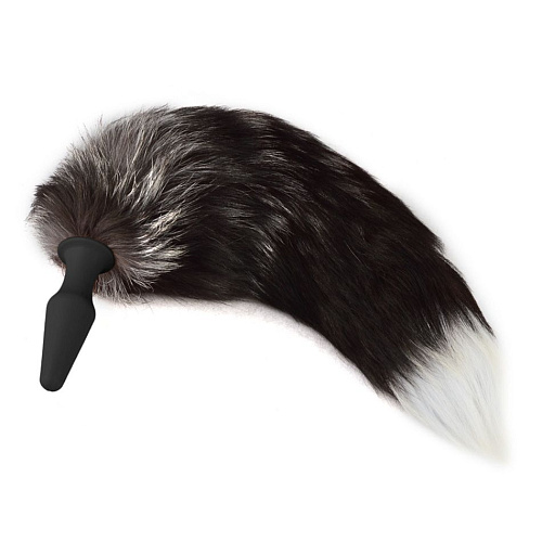 Чёрная силиконовая анальная пробка с хвостом чернобурой лисы Vandersex 334-BLKWHT-S-BLK (размер S)