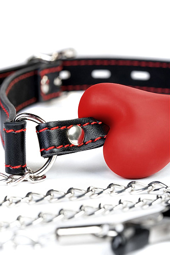 Красный кляп-трензель в виде косточки с зажимами для сосков ToyFa Theatre 708027