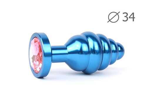Коническая ребристая синяя анальная втулка с розовым кристаллом Anal Jewelry Plug ABL-02-M (8 см)