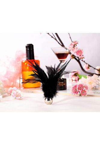 Чёрный перьевой эротический набор (наручники с цепочкой и кисточка-щекоталка) Romfun QS-002