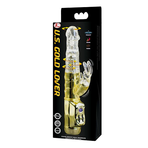 Золотистый вибратор с ротацией и клиторальным зайкой Baile U.S. Gold Lover BW-037203J (22,5 см)