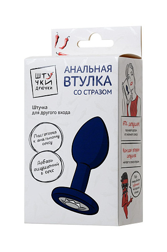 Синяя анальная пробка с прозрачным кристаллом Штучки-дрючки 690110 (7,3 см)