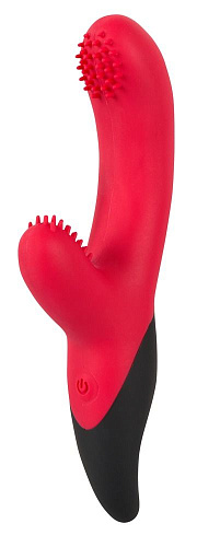 Красный вибратор с щёточками на головке и клиторальном отростке Orion Javida 0585971 (19 см)