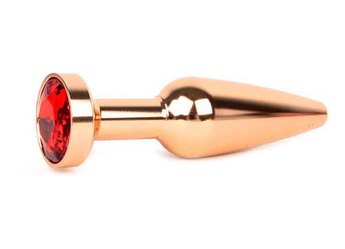 Удлиненная коническая гладкая золотистая анальная втулка с красным кристаллом Anal Jewelry Plug XGLD-16 (11,3 см)
