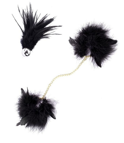 Чёрный перьевой эротический набор (наручники с цепочкой и кисточка-щекоталка) Romfun QS-002