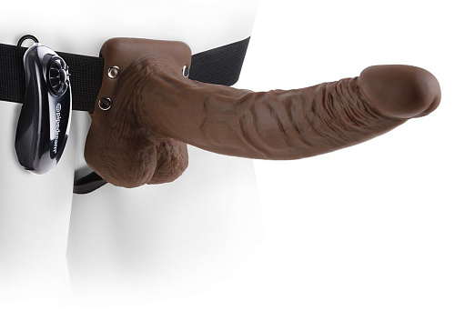 Коричневый фаллопротез с вибрацией Pipedream 9  Vibrating Hollow Strap-On with Balls PD3377-29