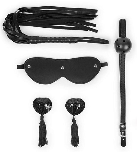 Эротический набор в чёрном цвете (маска, кляп, пэстисы, плётка) Bior toys NTB-80610