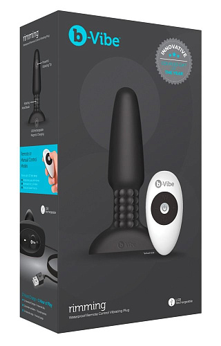 Чёрная вибровтулка с ротацией шариков b-Vibe RIMMING REMOTE CONTROL PLUG BLACK BV-001-BLK (15,2 см)