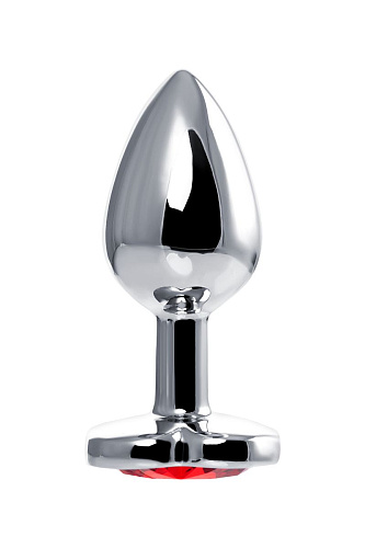 Серебристая гладкая коническая анальная пробка с красным кристаллом Штучки-дрючки 690126 (7 см)