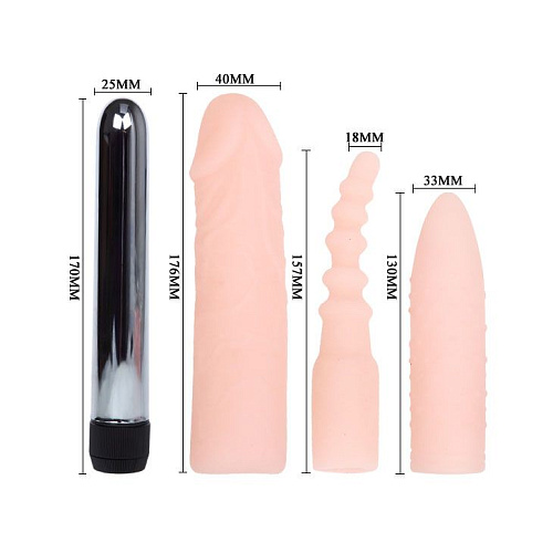 Классический вибратор с тремя телесными сменными насадками Baile BW-012002R