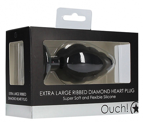 Чёрная анальная пробка Shots Media BV Extra Large Ribbed Diamond Heart Plug OU459BLK (9,6 см)