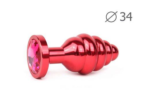 Коническая ребристая красная анальная втулка с малиновым кристаллом Anal Jewelry Plug AR-14-M (8 см)