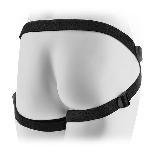 Чёрные женские трусики с рюшами для крепления страпона Pipedream Leather Lovers Harness PD3472-23