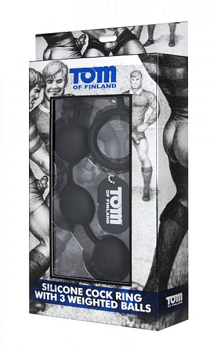 Чёрные анальные шарики XR Brands Tom of Finland Silicone Cock Ring with 3 Weighted Balls TF1932
