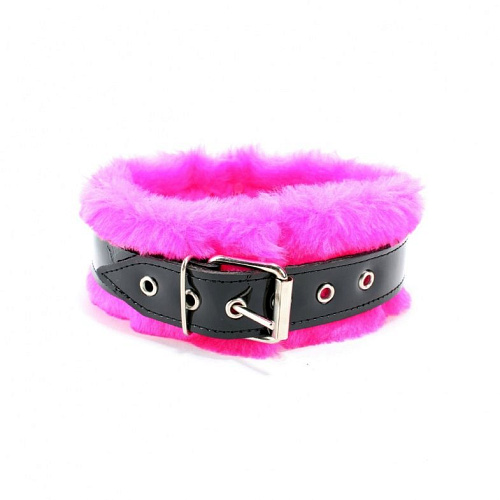 Чёрный ошейник с поводком и розовым мехом БДСМ арсенал BDSM Light 730001