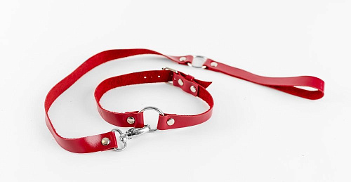 Красный чокер из натуральной кожи с поводком БДСМ арсенал 20014ars