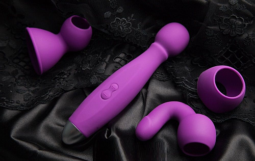 Водонепроницаемый вибратор фиолетового цвета с насадками для двоих RestArt Bowling RA-301 (19 см)