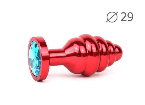 Коническая ребристая красная анальная втулка с голубым кристаллом Anal Jewelry Plug AR-05-S (7,1 см)
