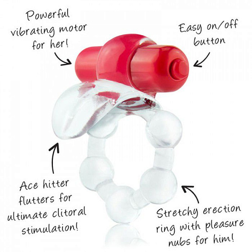 Прозрачное виброкольцо с язычком и красным виброэлементом Screaming O Overtime OT-R-110