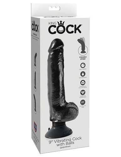 Чёрный виброфаллос со съЁмной присоской Pipedream 9 Vibrating Cock with Balls PD5408-23 (22,9 см)