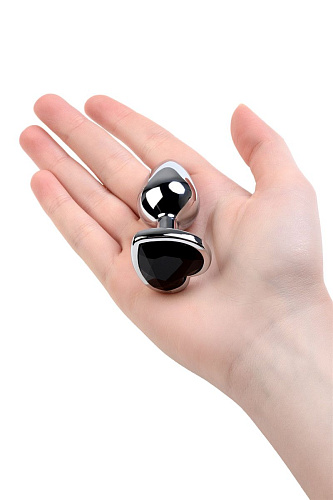 Серебристая коническая анальная пробка с чёрным кристаллом-сердечком ToyFa 717013-5 (7 см)
