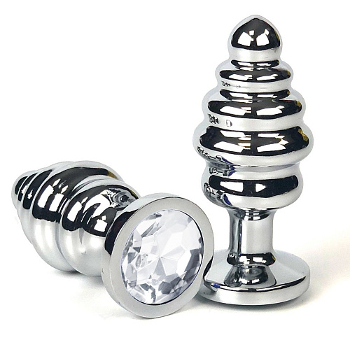 Серебристая ребристая анальная пробка с прозрачным кристаллом Vandersex 185-RWS (6 см)