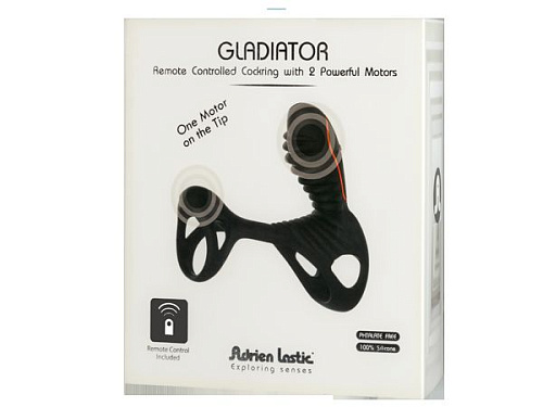 Чёрная эрекционная насадка со стимулятором клитора и пультом управления вибрацией Adrien Lastic Gladiator 30659