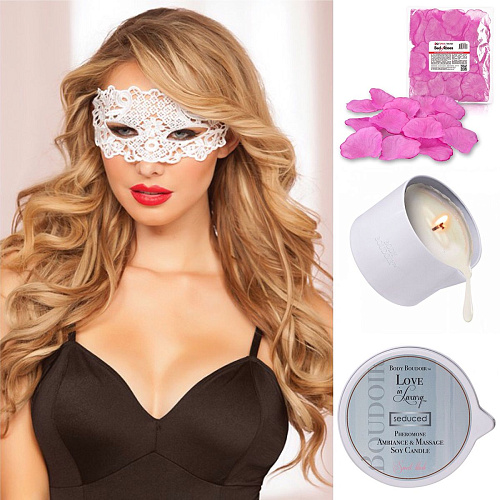 Массажная свеча, лепестки роз и ажурная маска на глаза Seven`til Midnight Smart Set №2