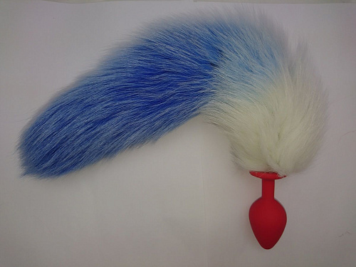 Красная силиконовая анальная пробка с бело-голубым хвостом Vandersex 126-2-1R (8 см, размер M)