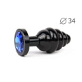 Коническая ребристая чёрная анальная втулка с синим кристаллом Anal Jewelry Plug ABCK-13-M (8 см)