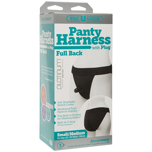 Чёрные трусики с плугом Vac-U-Lock Doc Johnson Panty Harness with Plug Full Back 1091-01-BX (размер S/M)