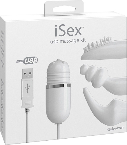 Белый вибромассажёр с набором насадок на проводе USB Pipedream USB MASSAGE KIT PD1059-19