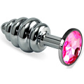 Серебристая ребристая анальная пробка с малиновым кристаллом Vandersex 180-P2 (8 см)